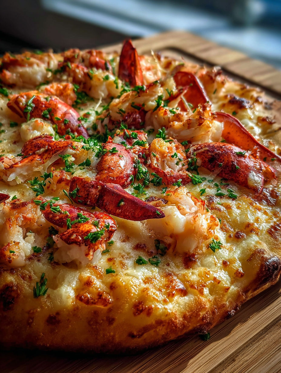 A delicious meal of pizza with lobster and shrimp toppings.