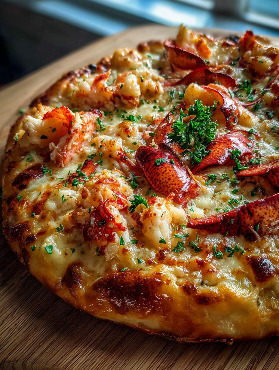 A pizza with lobster toppings.
