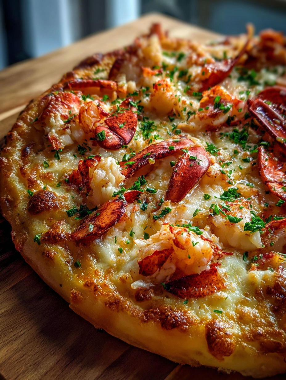 A close up of a lobster pizza.