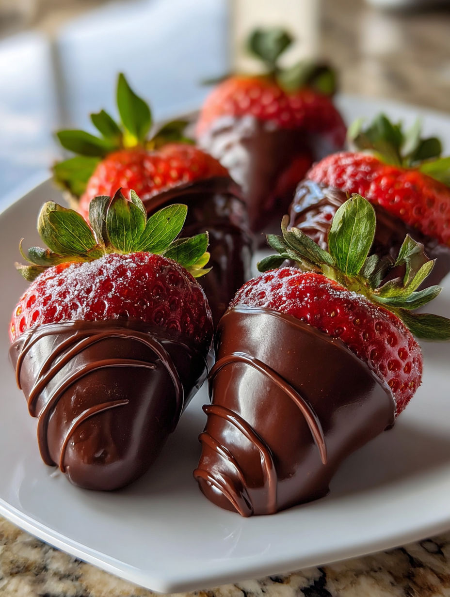 A plate of chocolate covered strawberries.