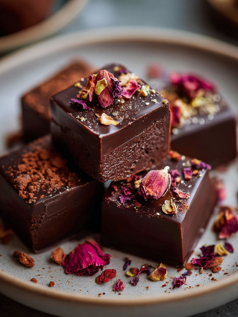 A plate of chocolate desserts with rose petals on top.