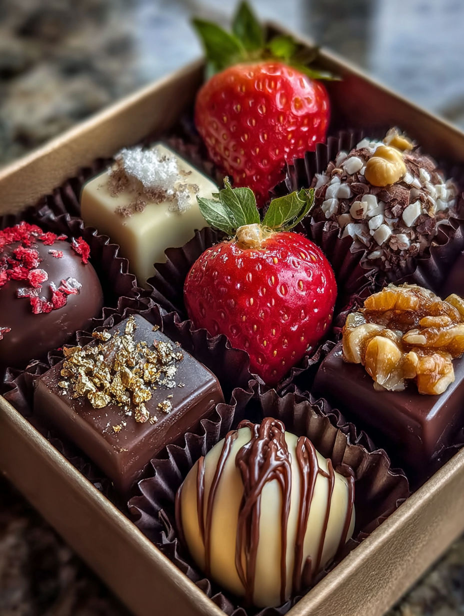 A box of chocolates with strawberries and nuts.