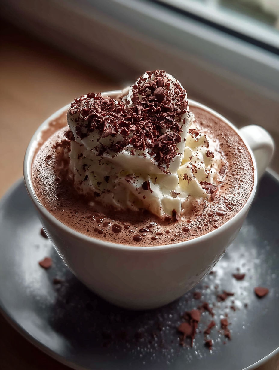 A cup of coffee with a heart shaped whipped cream on top.