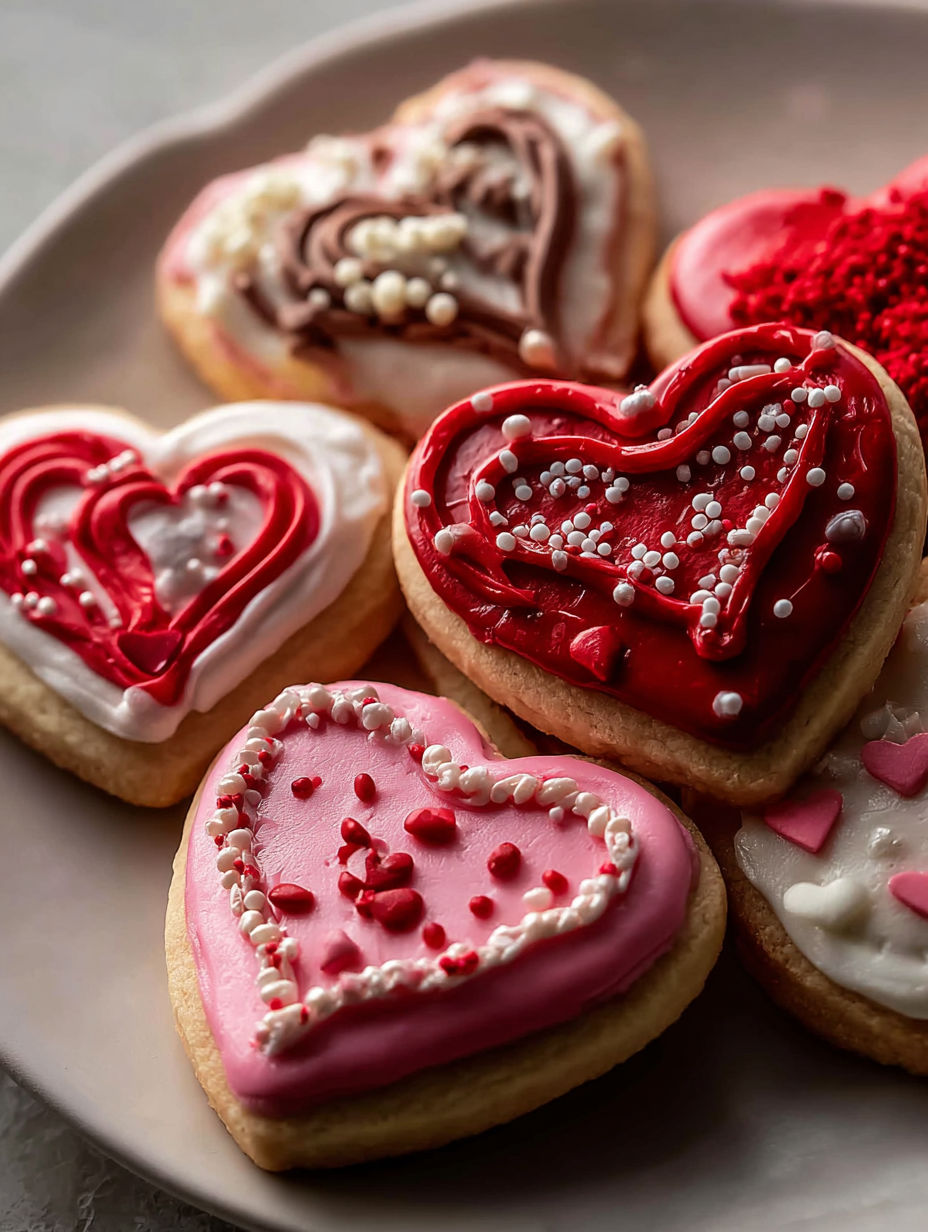 A plate of heart shaped cookies with red icing.
