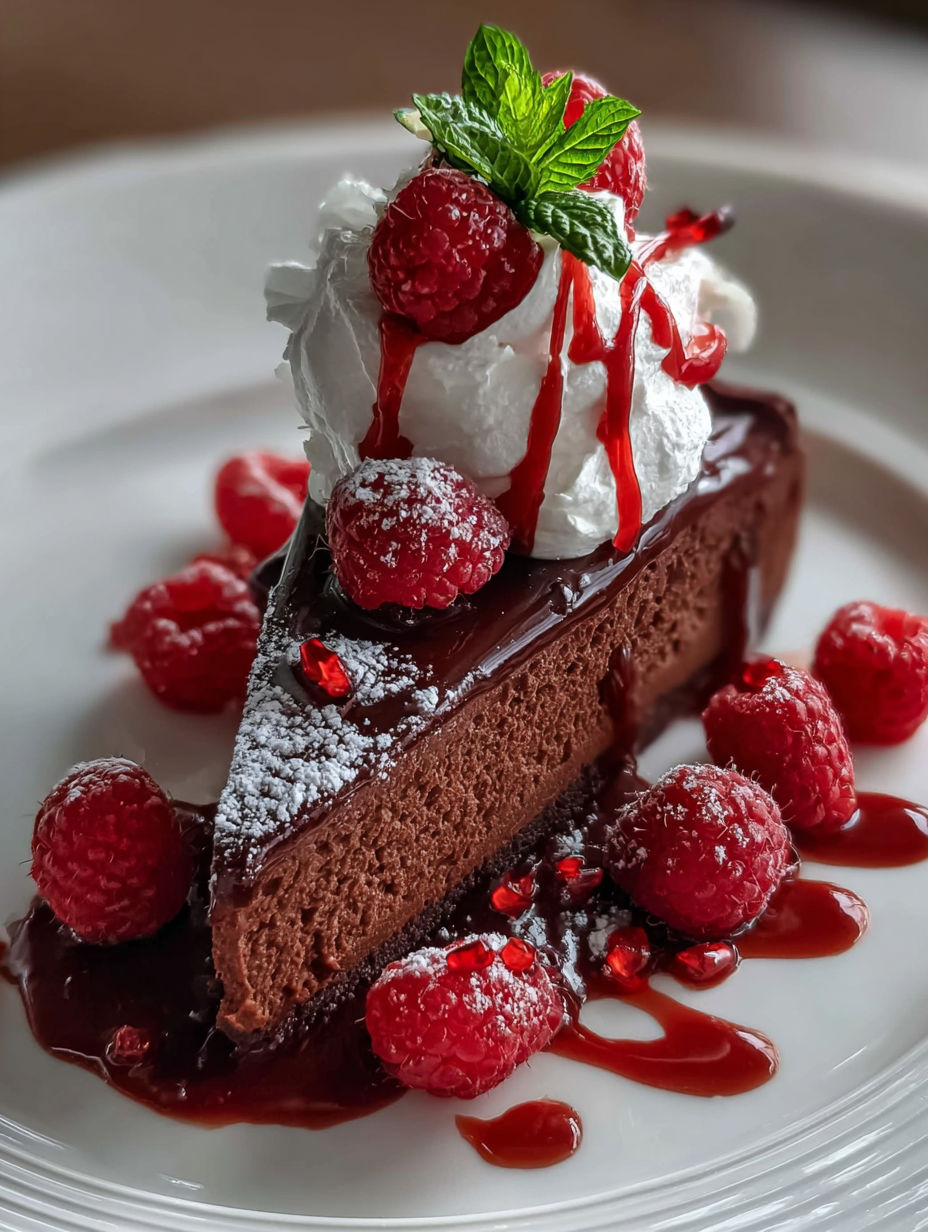 A delicious meal of chocolate cake with raspberries on top.