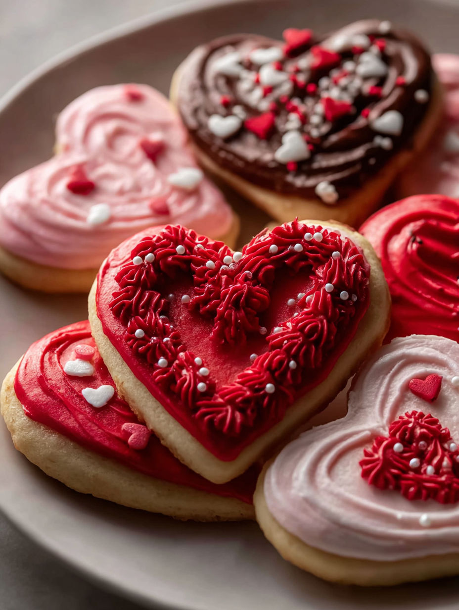 A plate of heart-shaped cookies with red icing.