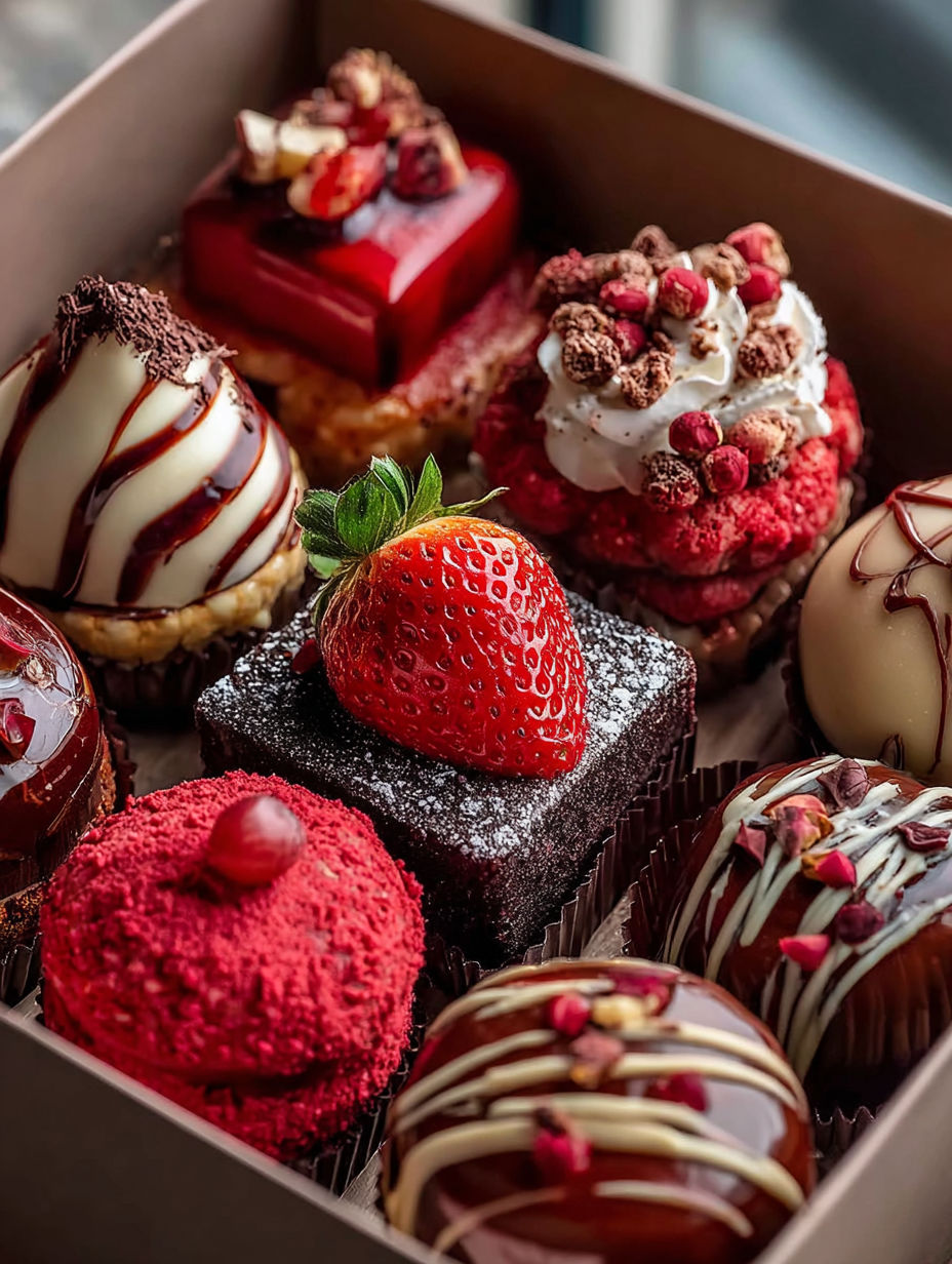 A box of assorted chocolates and cakes.