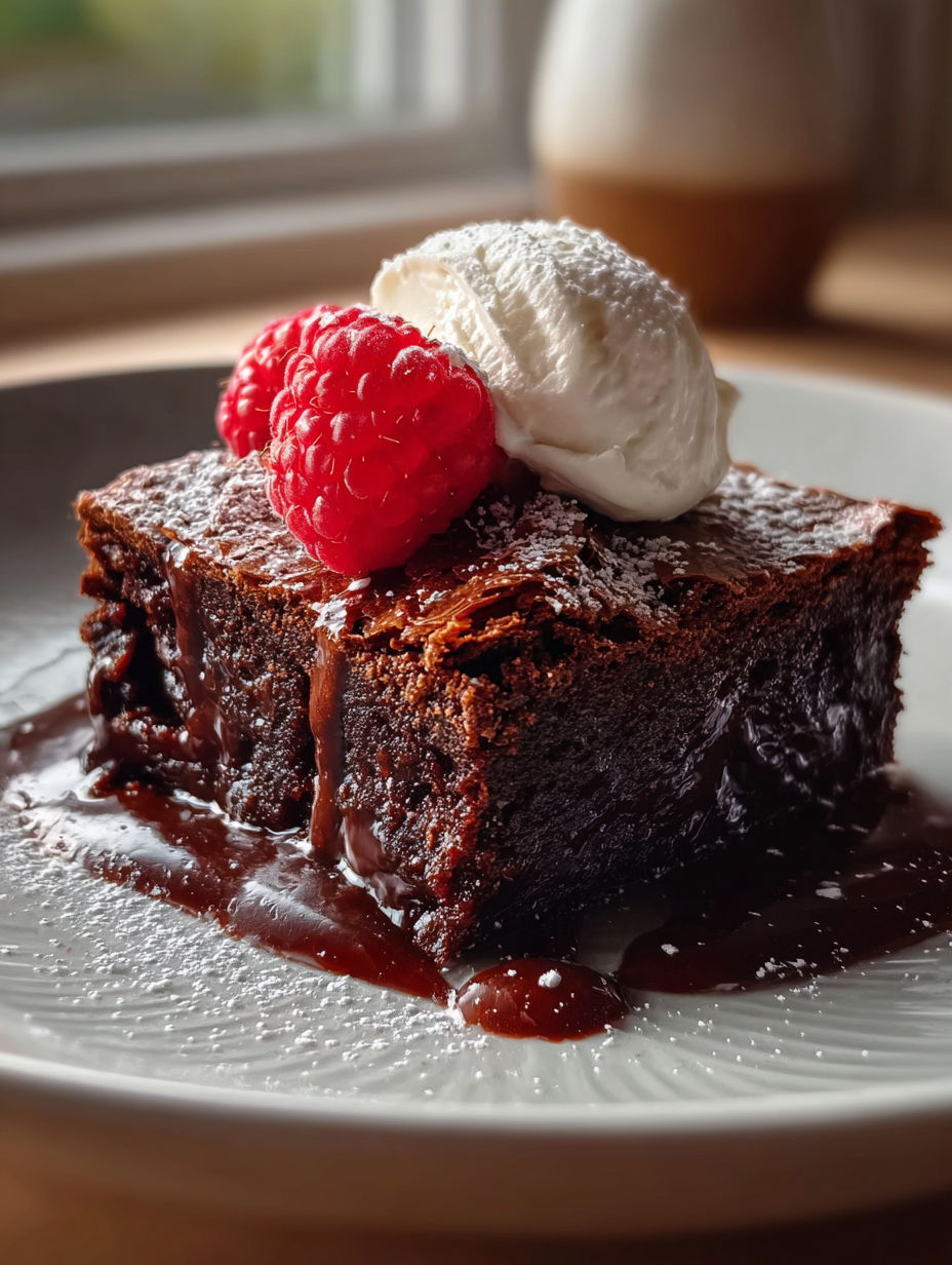 A chocolate dessert with a raspberry on top.