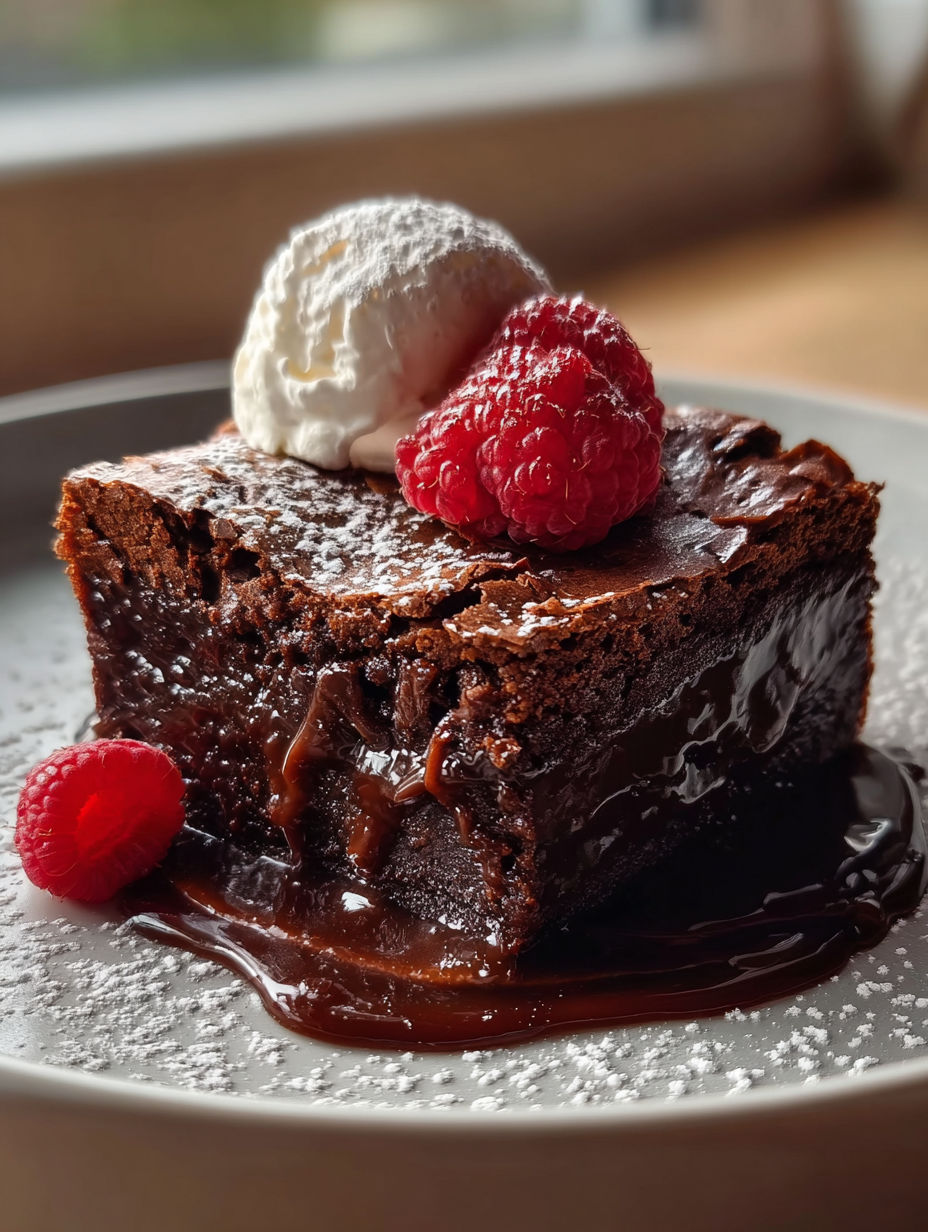 A chocolate dessert with white cream and a raspberry on top.