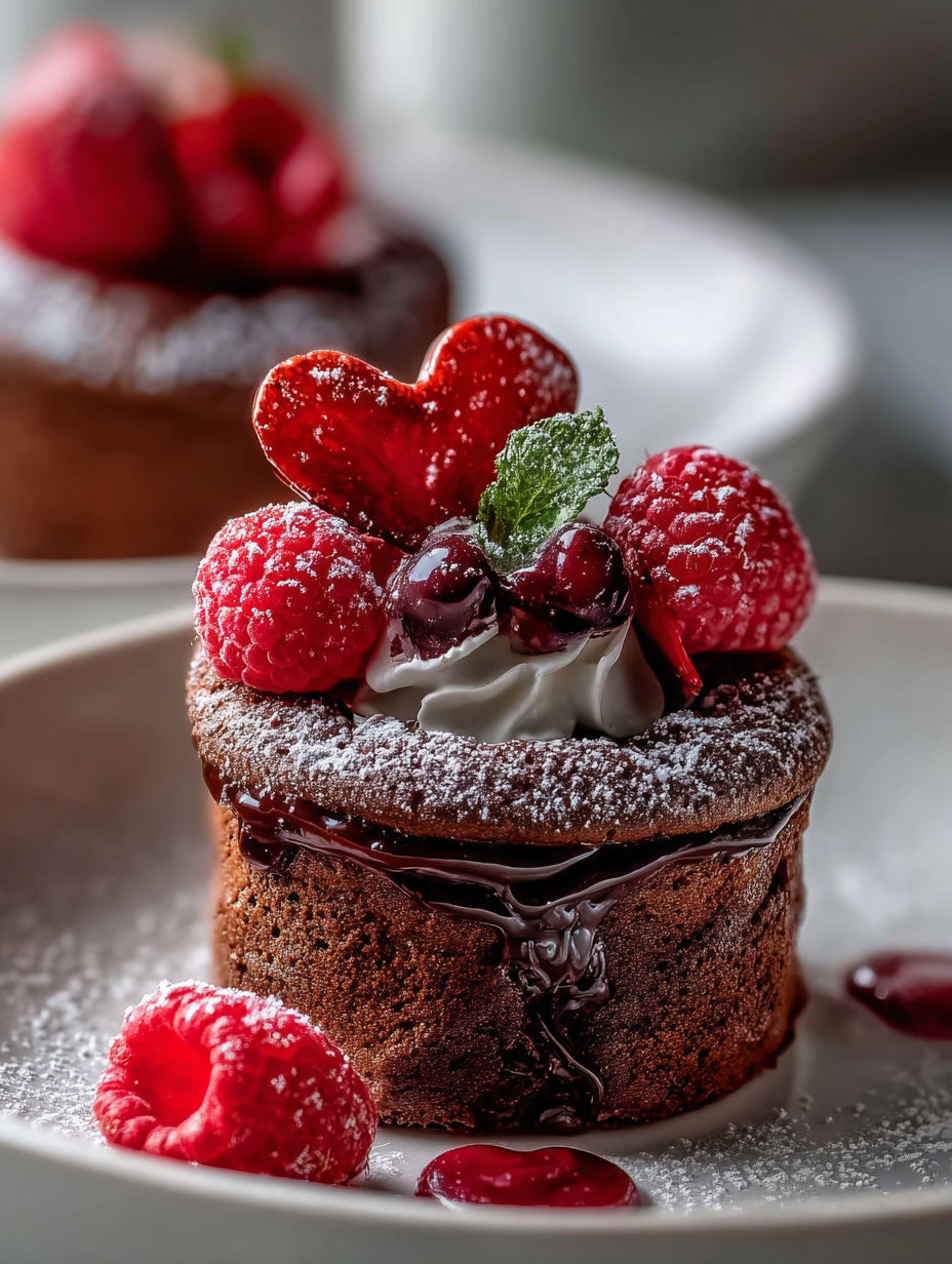 A delicious meal with a chocolate dessert and raspberries.