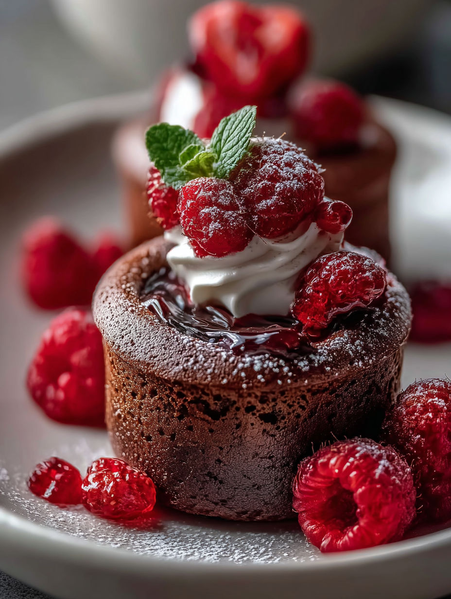 A chocolate dessert with raspberries on top.