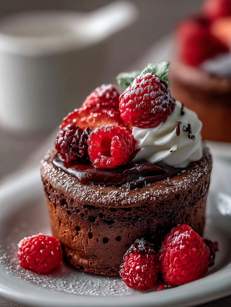 A chocolate dessert with raspberries on top.