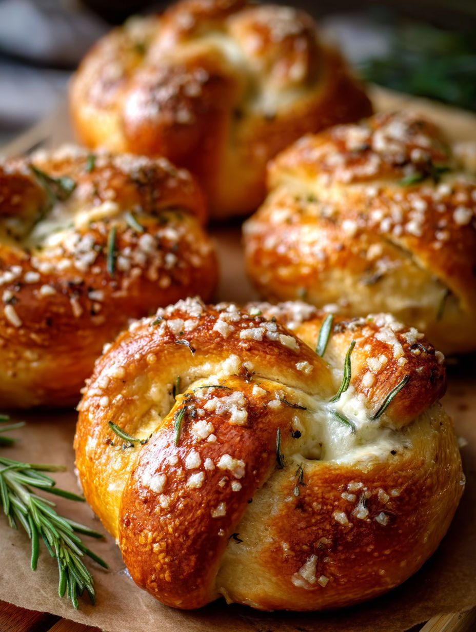 A close up of mozzarella stuffed rosemary parmesan soft pretzels.