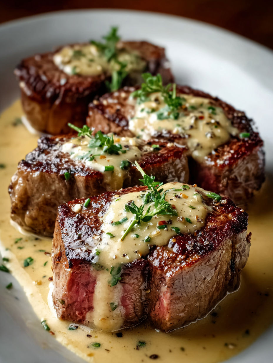 A plate of steak with a haunted bourbon garlic cream sauce.