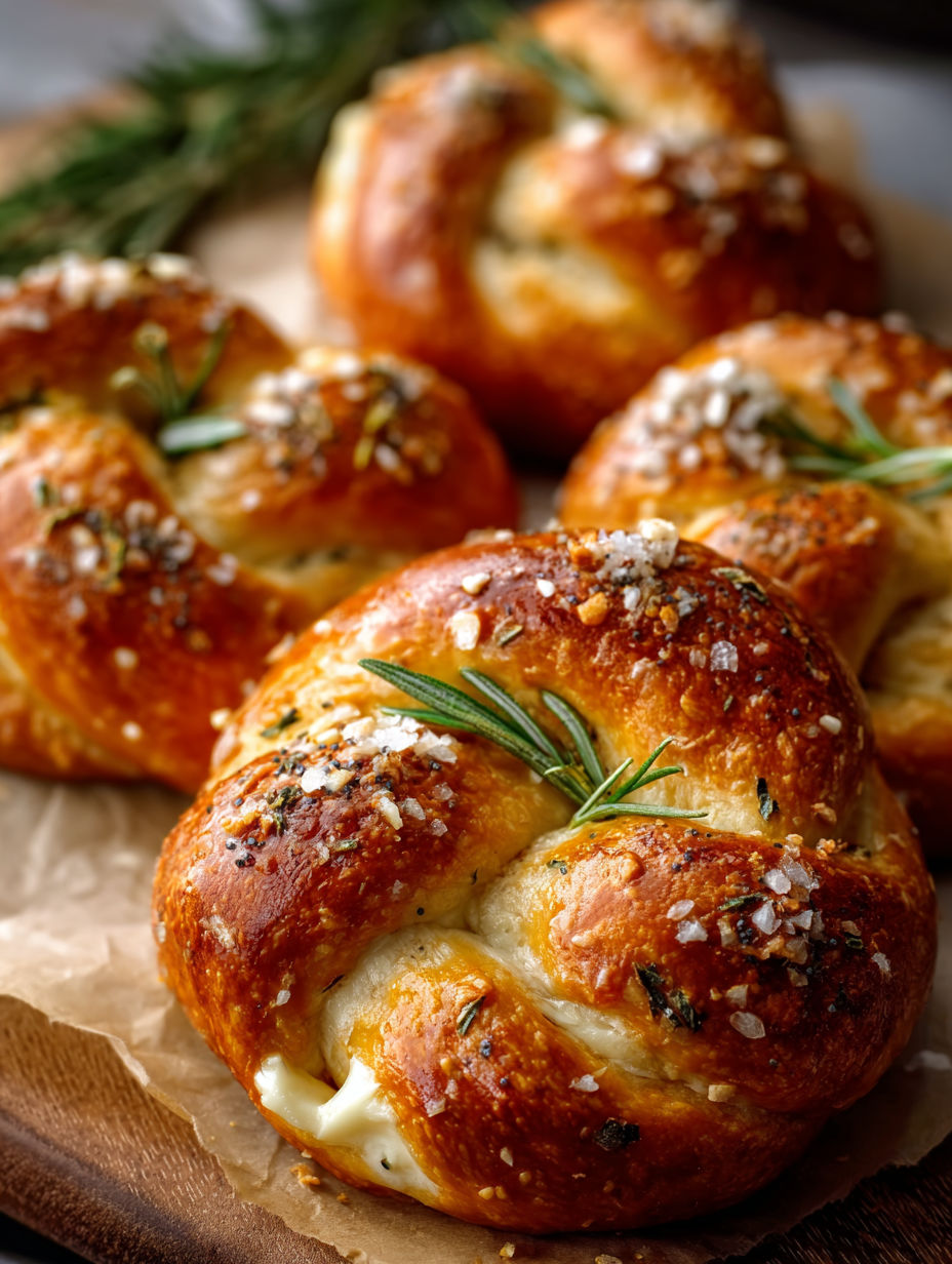 A close up of mozzarella stuffed rosemary parmesan soft pretzels.