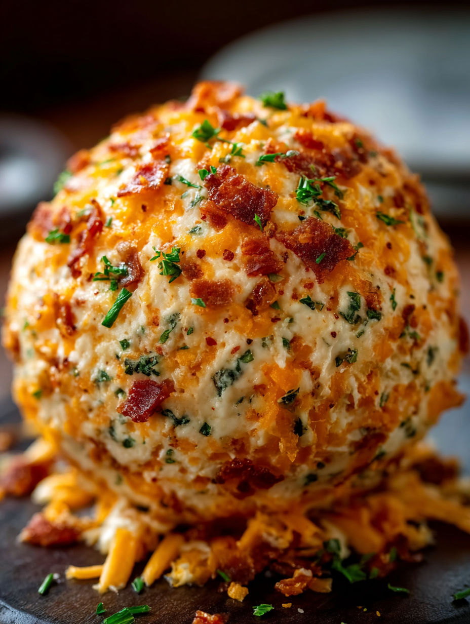 A cheese ball with bacon bits on top.
