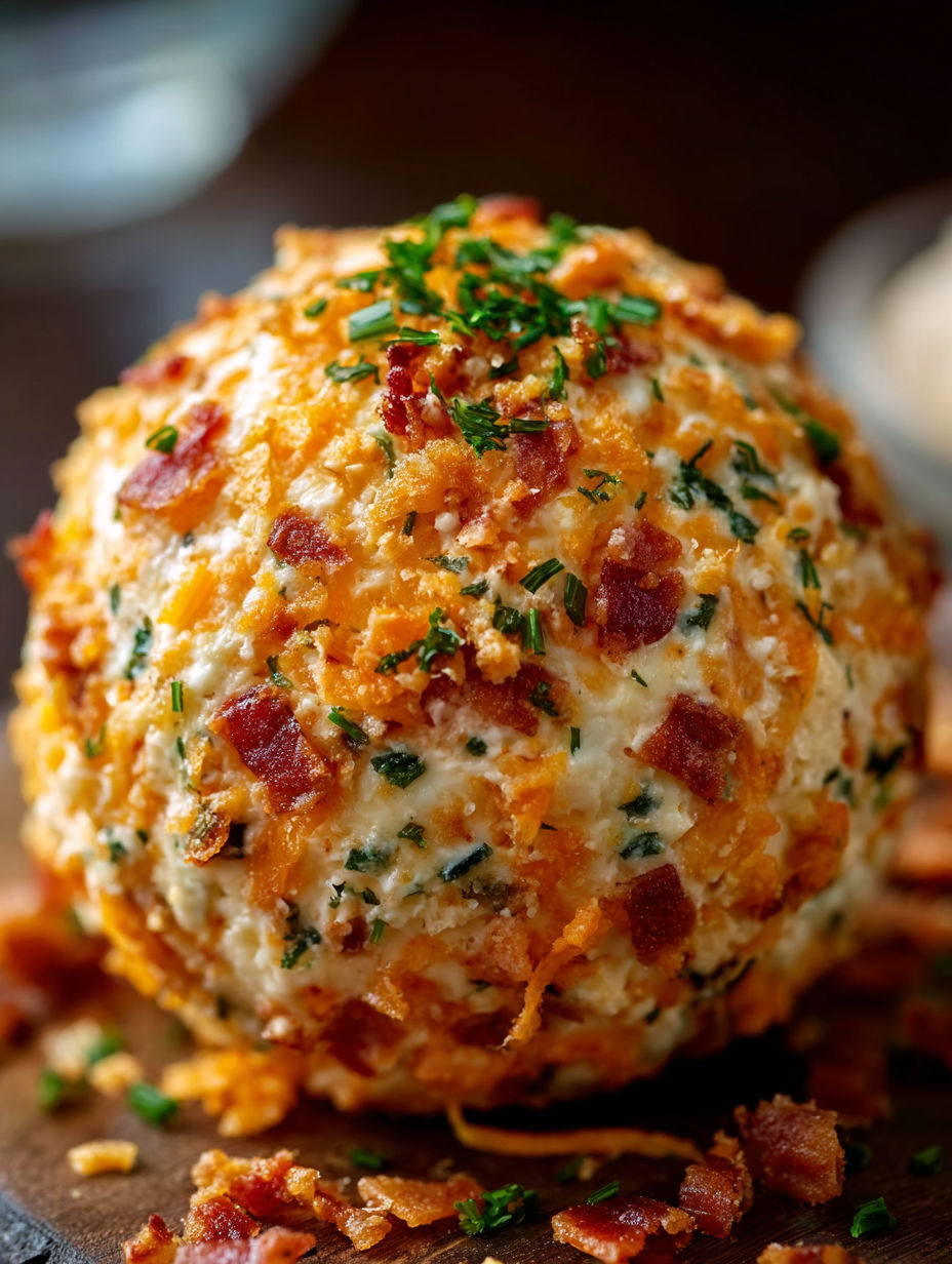 A cheese ball with bacon bits on top.