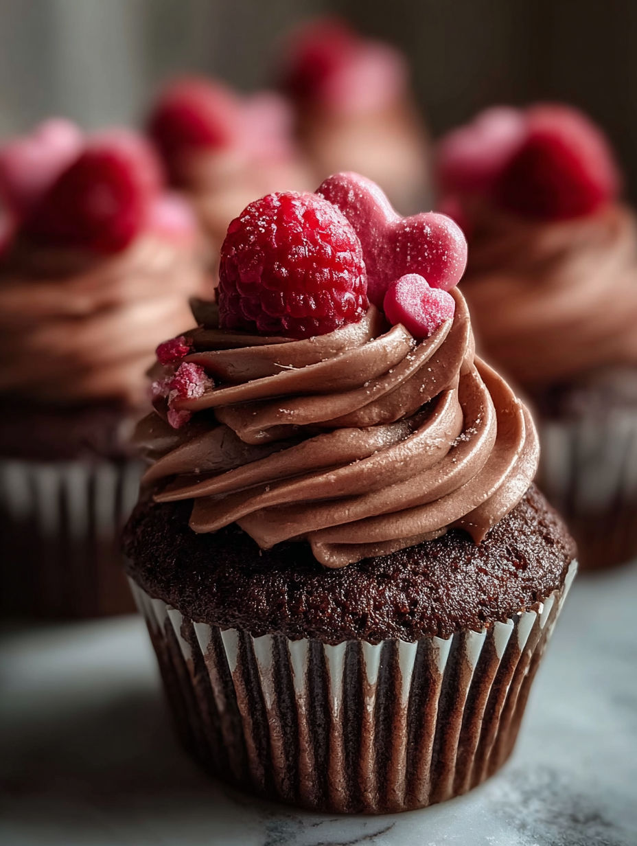 A cupcake with chocolate frosting and raspberries on top.