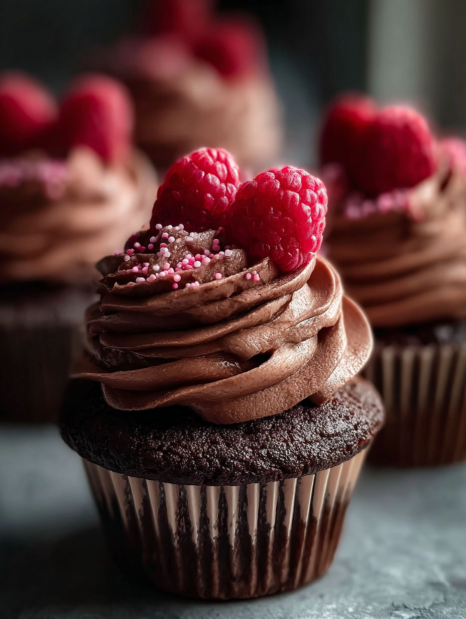 A cupcake with chocolate frosting and raspberries on top.