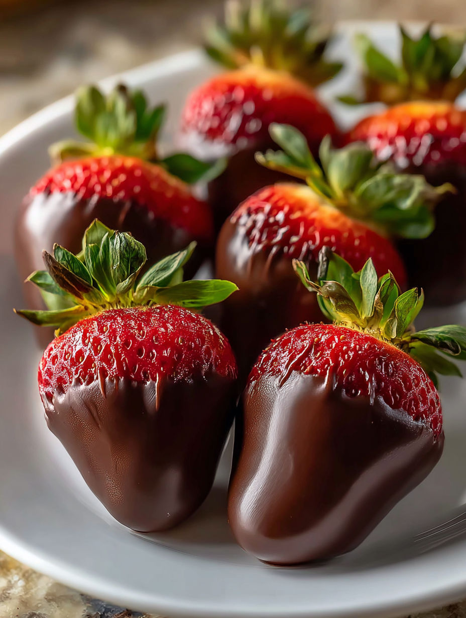 A plate of chocolate covered strawberries.