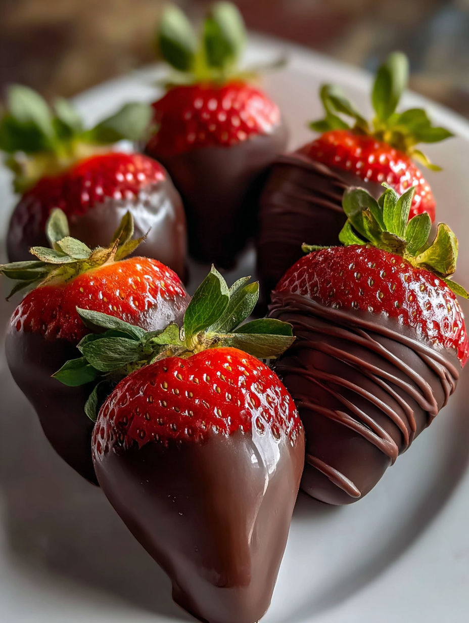 Chocolate covered strawberries on a plate.