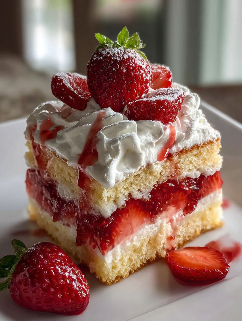 A delicious meal of cake and strawberries.