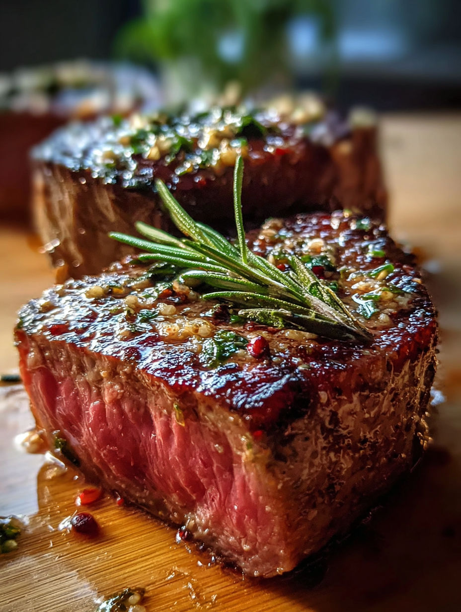 A delicious meal of steak with herbs and spices.