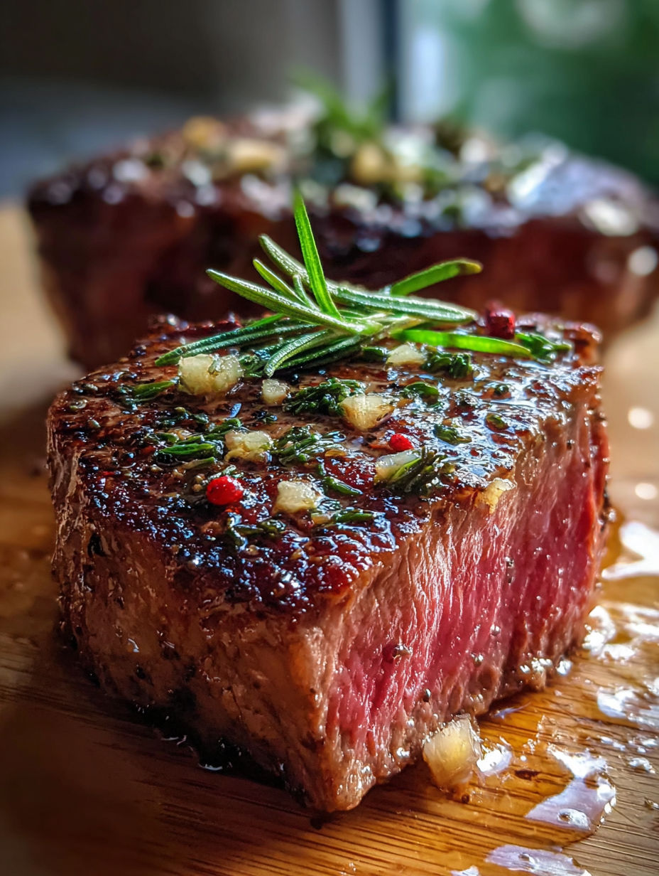 A steak with herbs on top.
