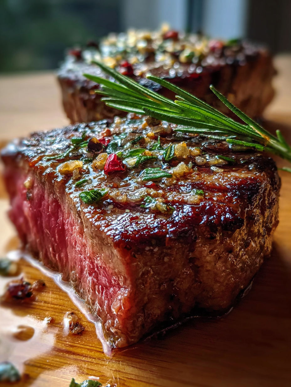 A piece of steak with herbs on top.