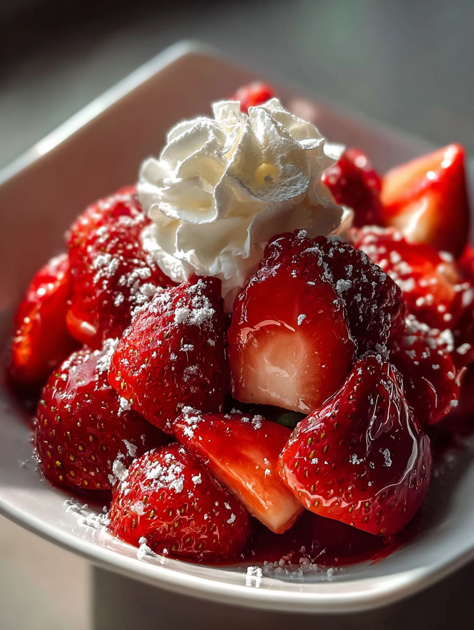 A white bowl filled with strawberries and whipped cream.