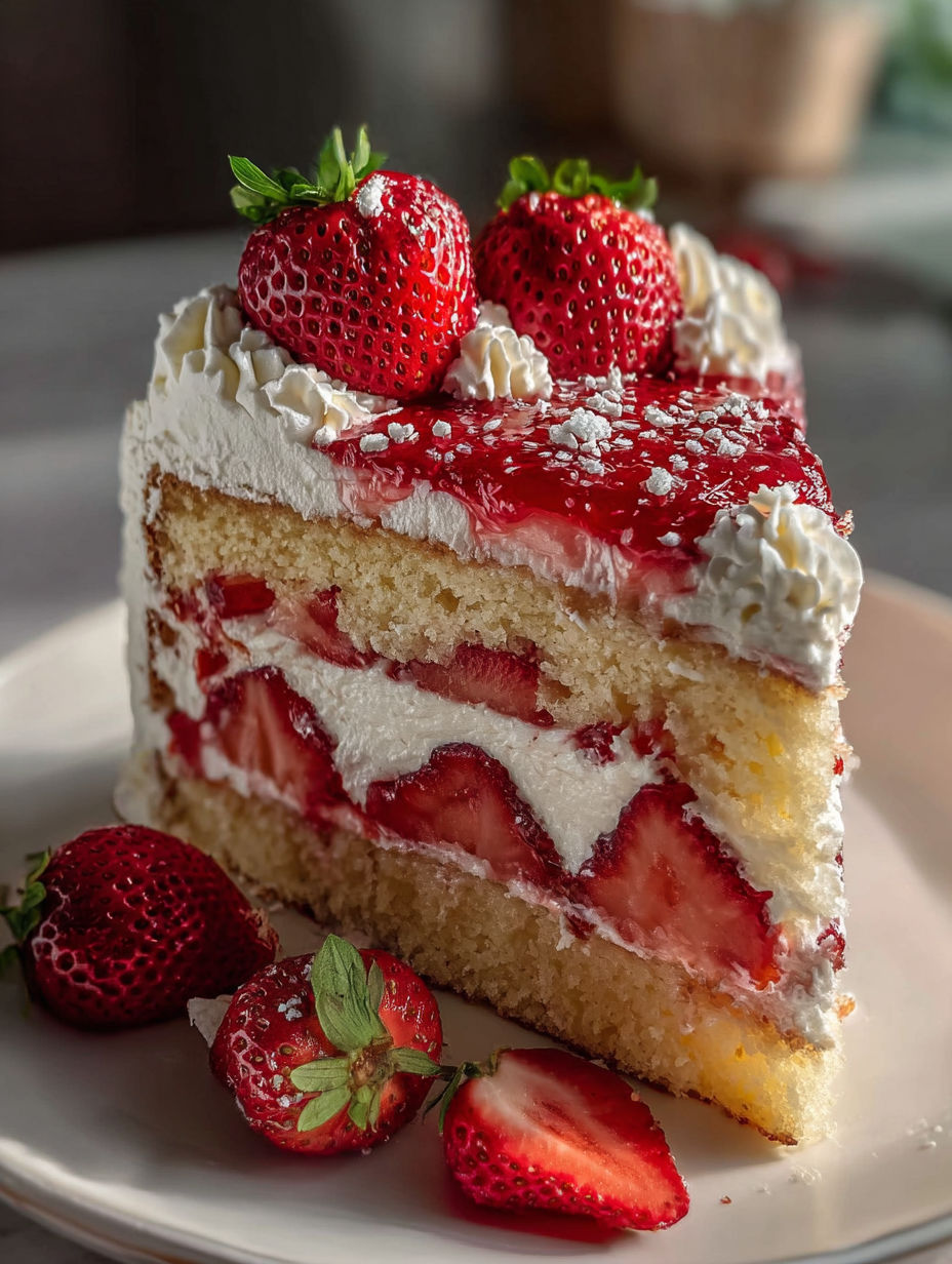 A slice of cake with strawberries on top.