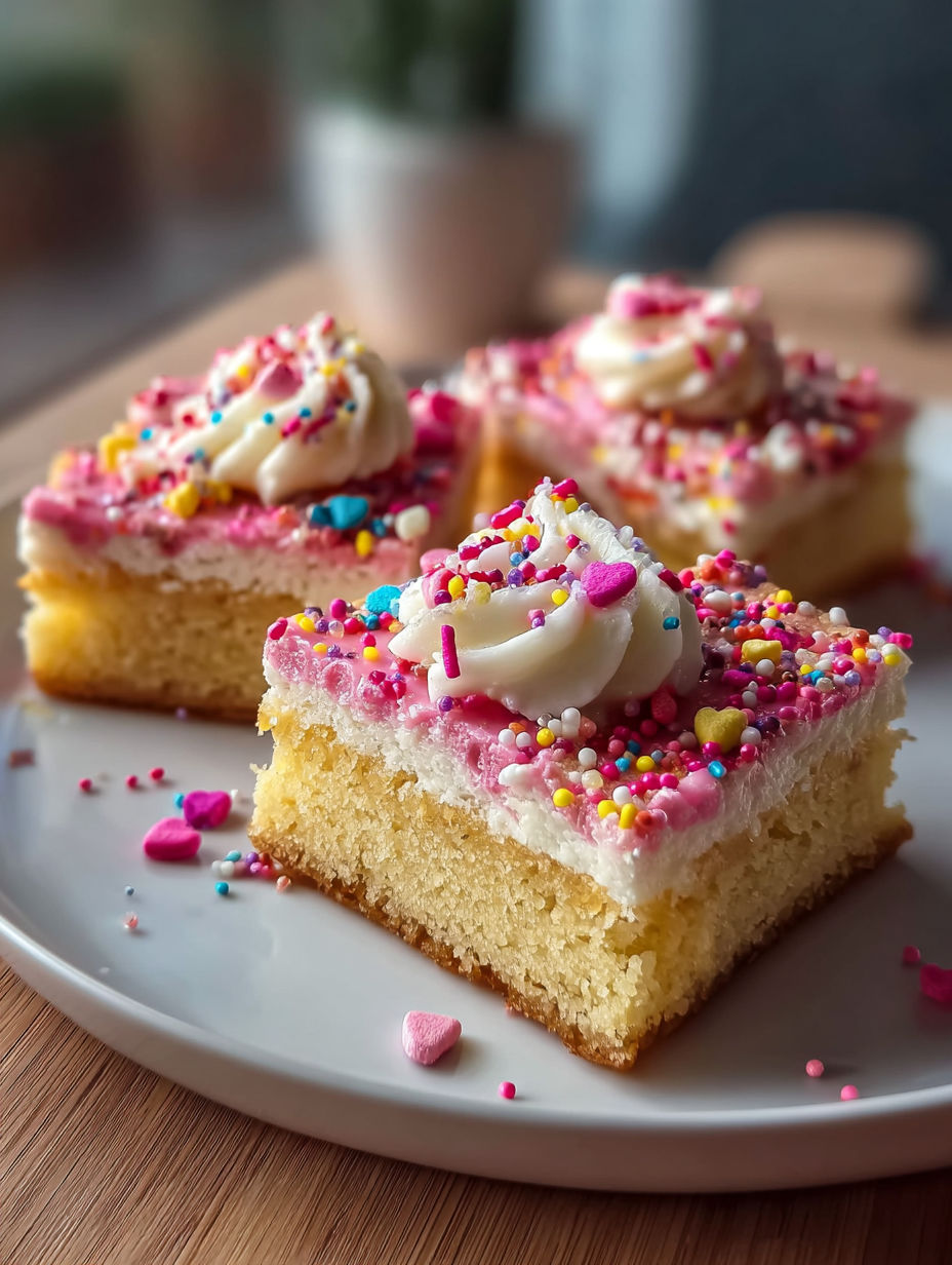 A delicious meal of cake with white frosting and sprinkles.