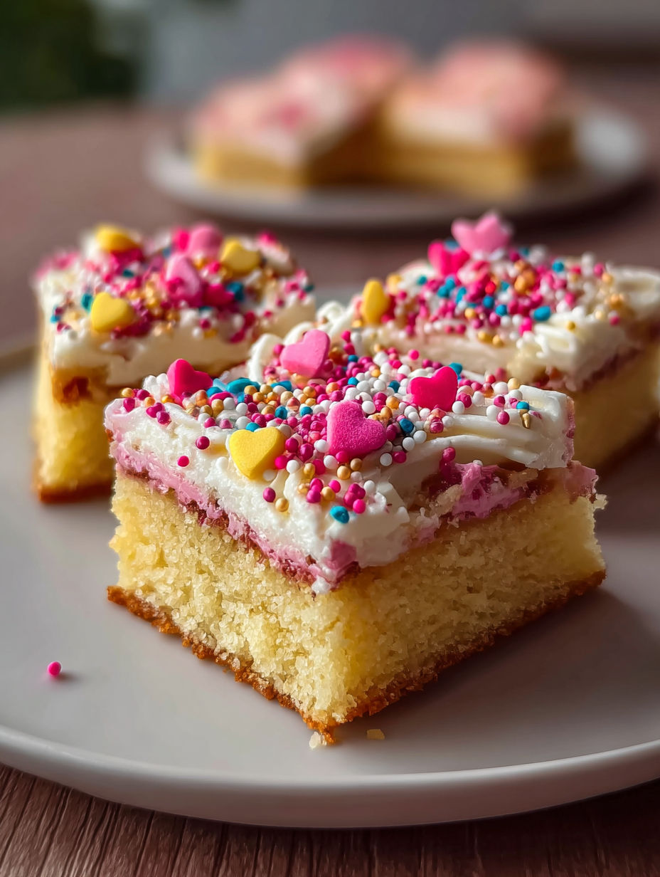 A plate of sugar cookie bars with hearts on them.
