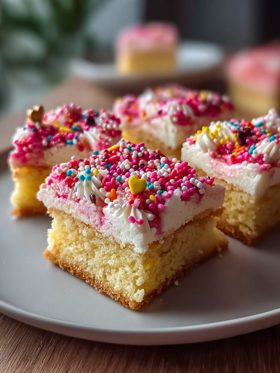 A plate of sugar cookie bars with pink frosting and sprinkles.