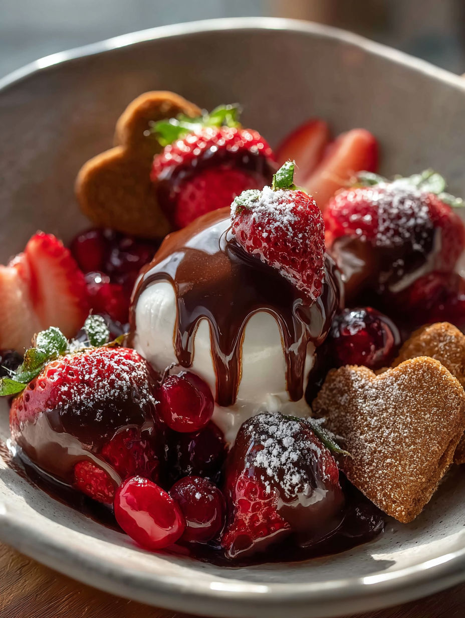 A bowl of strawberries and chocolate.