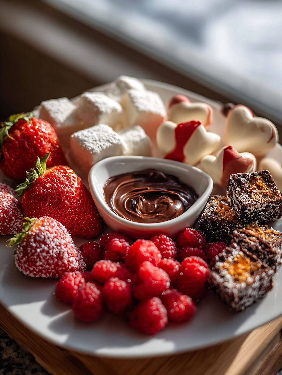 A plate of food with chocolate and strawberries.