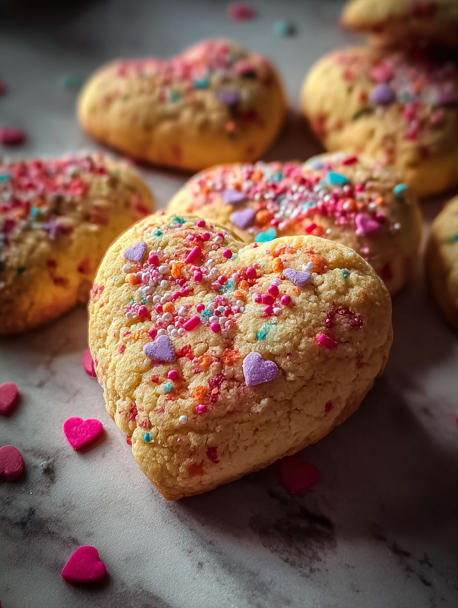 A heart shaped sourdough cookie with sprinkles.