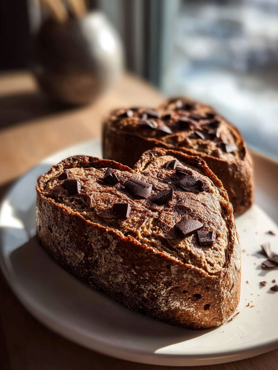 A heart shaped loaf of bread with chocolate chips on top.