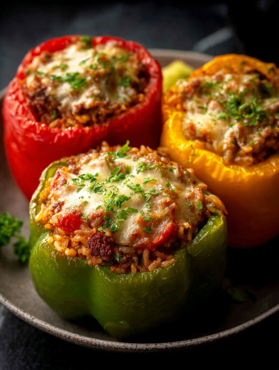 Three peppers filled with rice and chorizo.