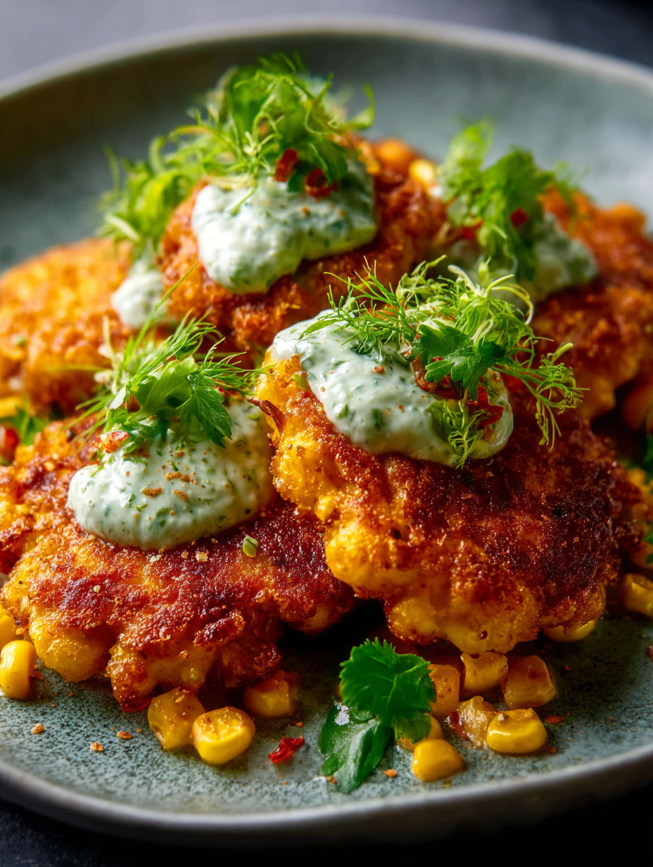 Crispy corn fritters with cilantro cream.