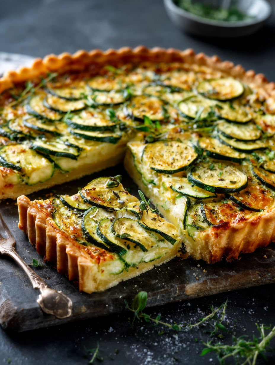 A slice of a savory zucchini tart.