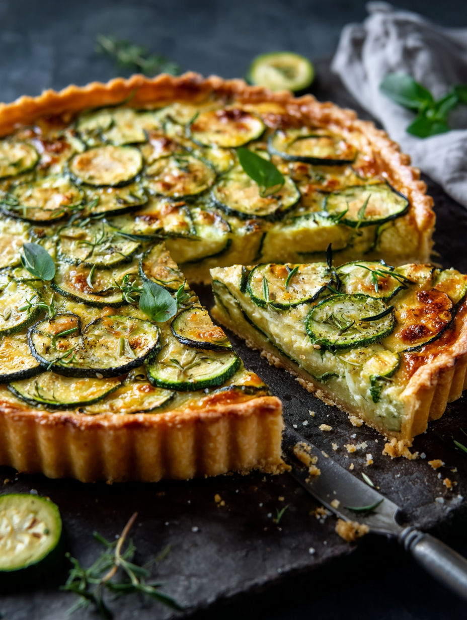 A slice of savory zucchini tart.