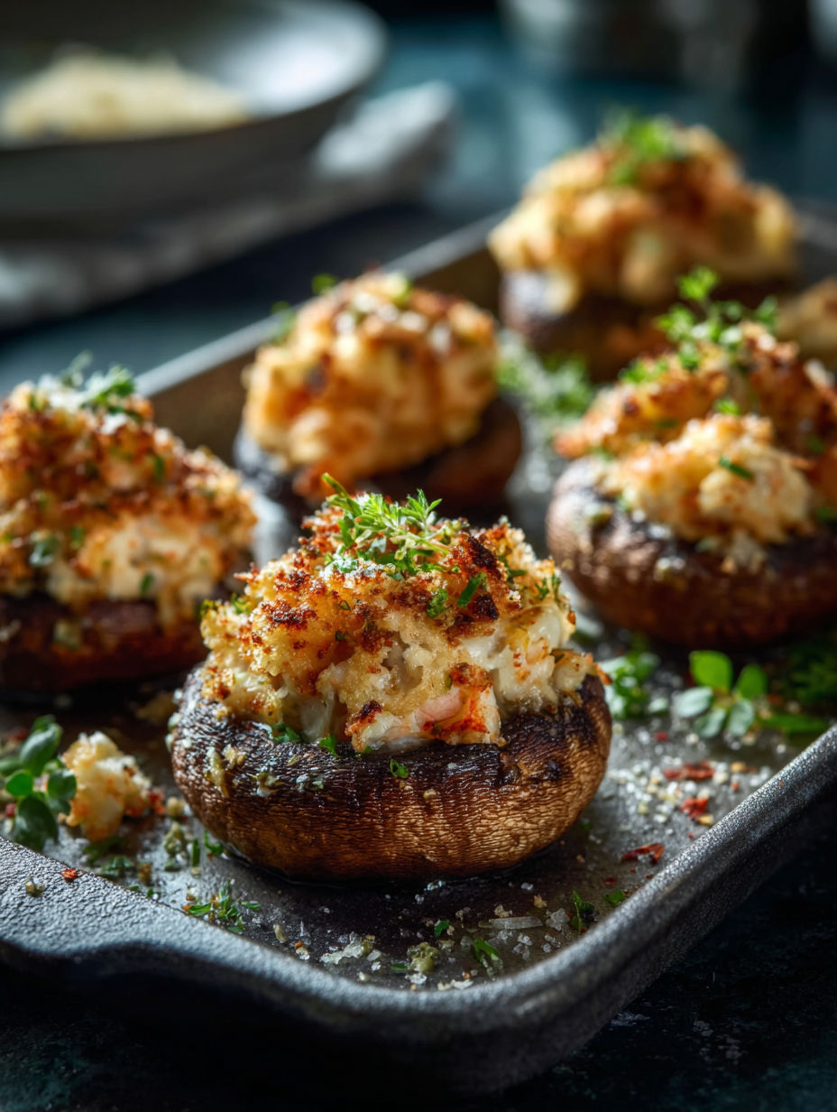 A tray of crab stuffed mushrooms.