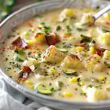 A bowl of soup with corn and zucchini.