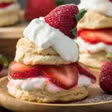 A stack of strawberry shortcake with whipped cream.