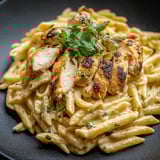 A plate of chicken and pasta with a green garnish.