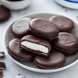 A plate of chocolate and white peppermint patties.