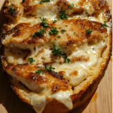 A slice of garlic bread with chicken Alfredo on top.