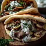 Two meat and mushroom sandwiches on a wooden table.