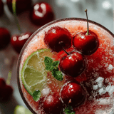 A glass of cherry juice with a cherry on top.